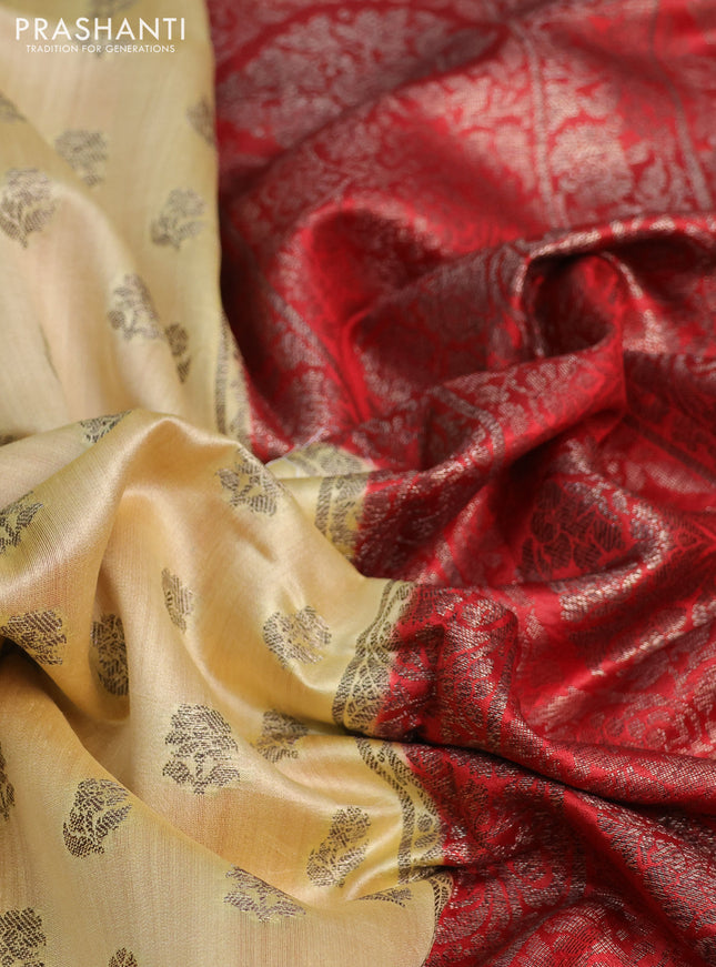 Chiniya silk saree pale yellow and red with allover thread & zari woven buttas and banarasi style border