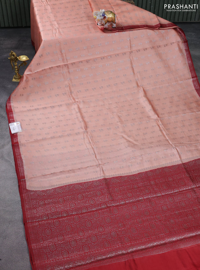 Chiniya silk saree peach orange and red with allover thread & zari woven buttas and woven border