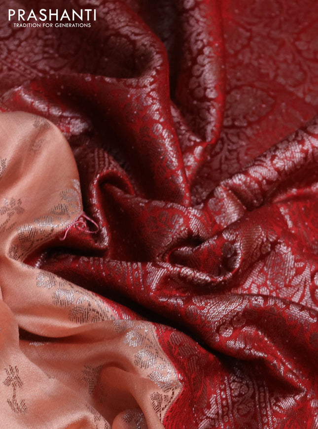 Chiniya silk saree peach orange and red with allover thread & zari woven buttas and woven border