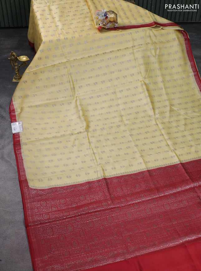 Chiniya silk saree pale yellow and red with allover thread & zari woven buttas and woven border