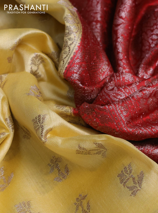 Chiniya silk saree pale yellow and red with allover thread & zari woven buttas and woven border