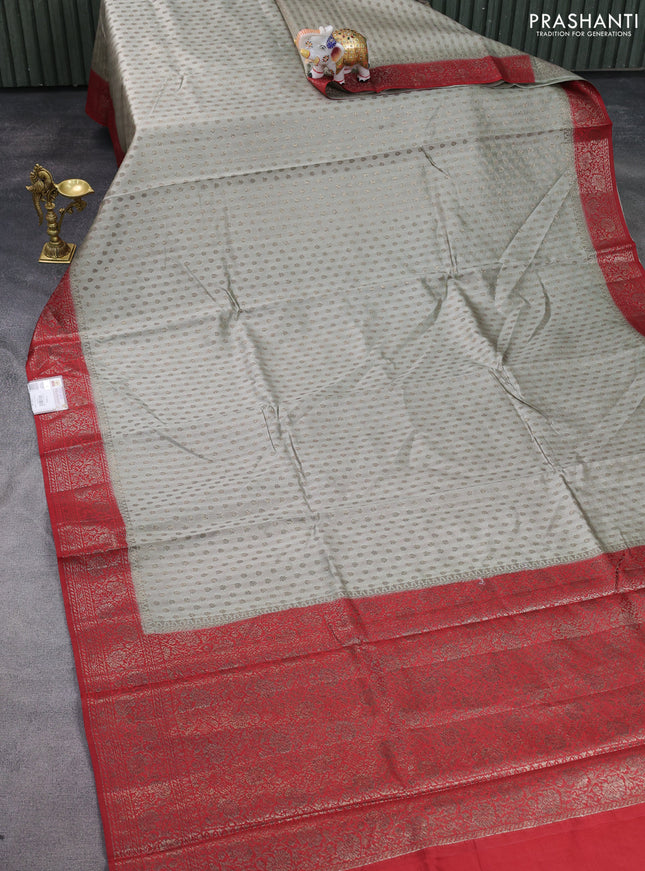 Chiniya silk saree pastel grey and red with allover thread & zari woven buttas and banarasi style border