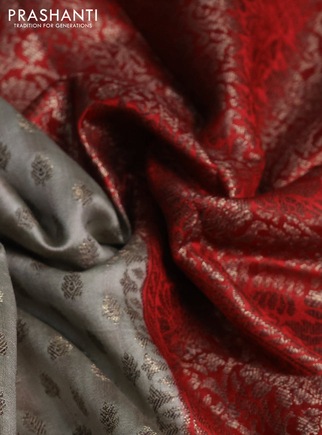 Chiniya silk saree pastel grey and red with allover thread & zari woven buttas and banarasi style border