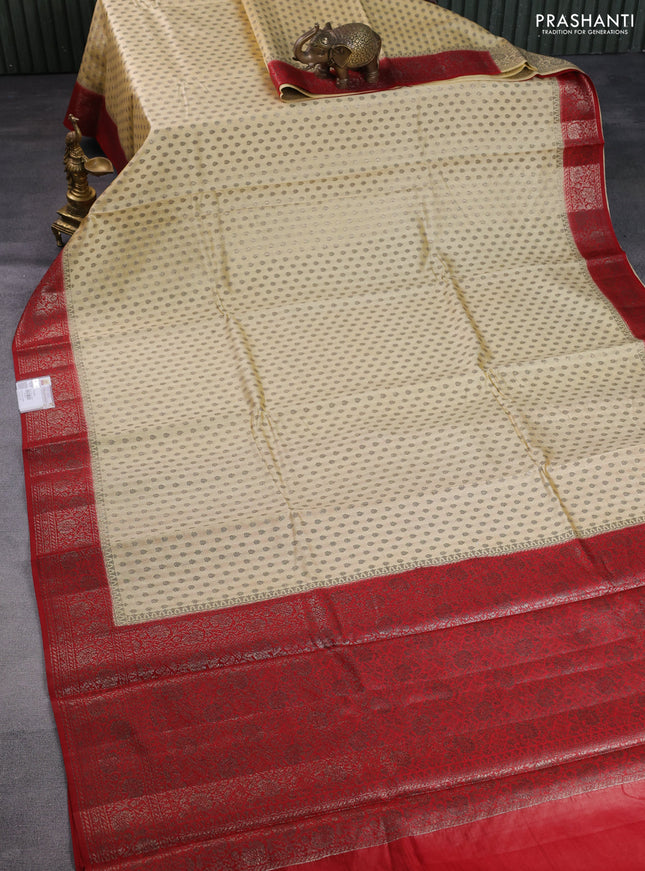 Chiniya silk saree pale yellow and red with allover thread & zari woven buttas and banarasi style border
