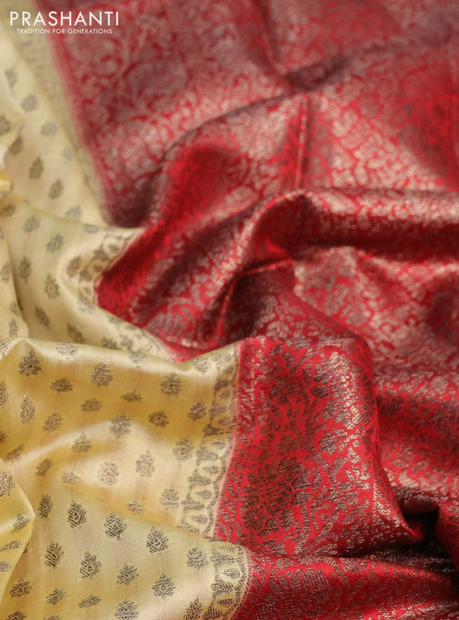 Chiniya silk saree pale yellow and red with allover thread & zari woven buttas and banarasi style border