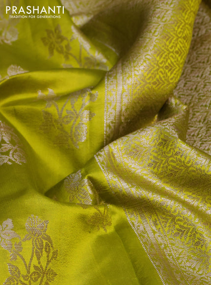 Chiniya silk saree lime yellow with silver zari woven buttas and silver zari woven simple border