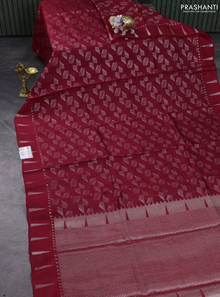 Chiniya silk saree red with allover silver zari weaves and temple design zari woven border