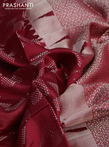 Chiniya silk saree red with allover silver zari weaves and temple design zari woven border