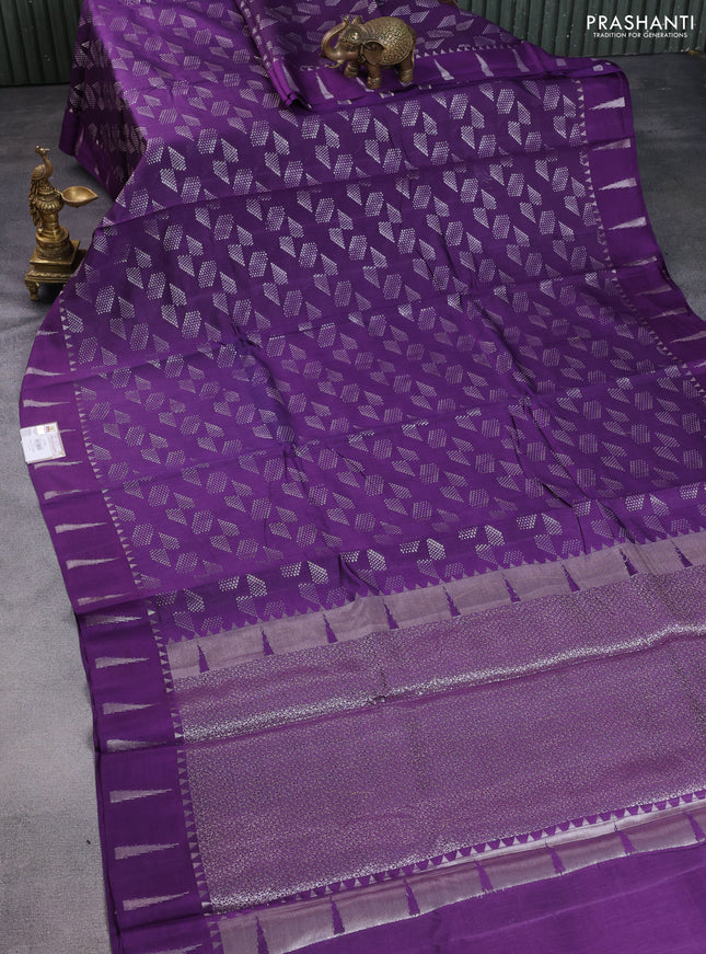 Chiniya silk saree violet with allover silver zari weaves and temple design zari woven border