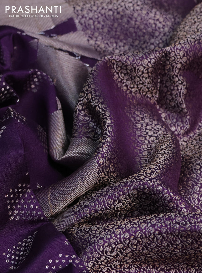 Chiniya silk saree violet with allover silver zari weaves and temple design zari woven border