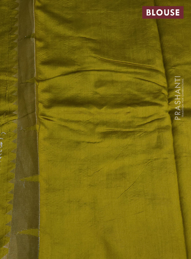 Chiniya silk saree lime yellow with allover silver zari weaves and temple design zari woven border