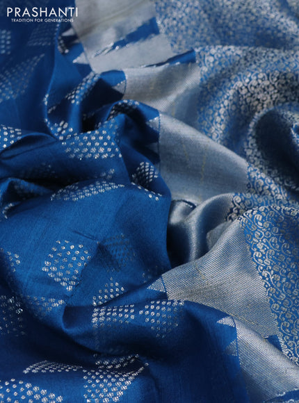 Chiniya silk saree cs blue with allover silver zari weaves and temple design zari woven border