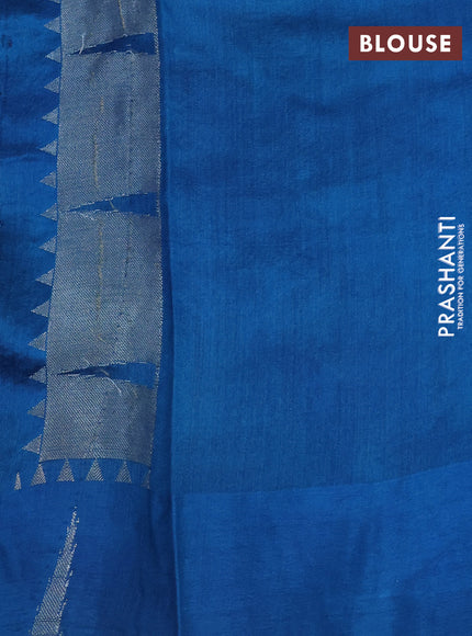 Chiniya silk saree cs blue with allover silver zari weaves and temple design zari woven border