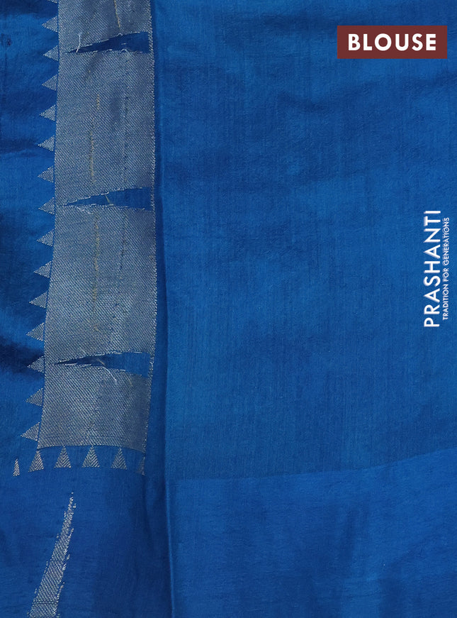Chiniya silk saree cs blue with allover silver zari weaves and temple design zari woven border