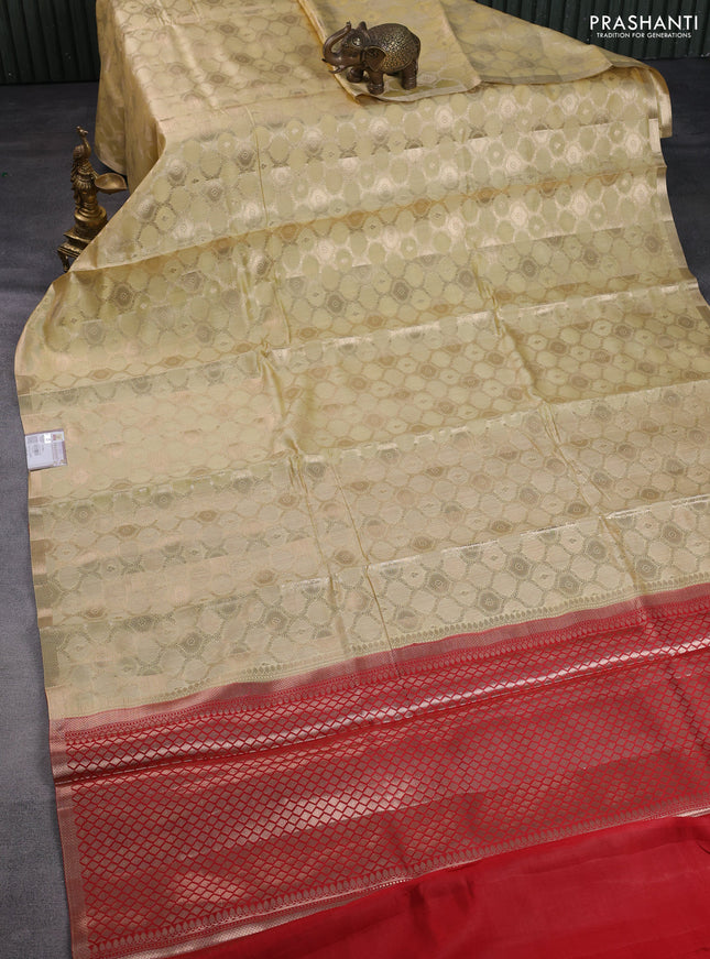 Chiniya silk saree pale yellow and red with allover zari woven brocade weaves and zari woven border