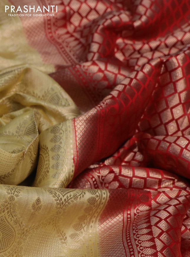 Chiniya silk saree pale yellow and red with allover zari woven brocade weaves and zari woven border