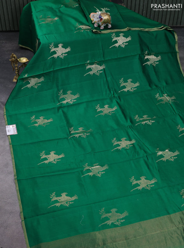 Chiniya silk saree green and red with parrot zari woven buttas and zari woven piping border