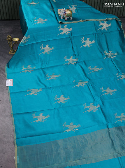 Chiniya silk saree teal green and magenta pink with parrot zari woven buttas and zari woven piping border