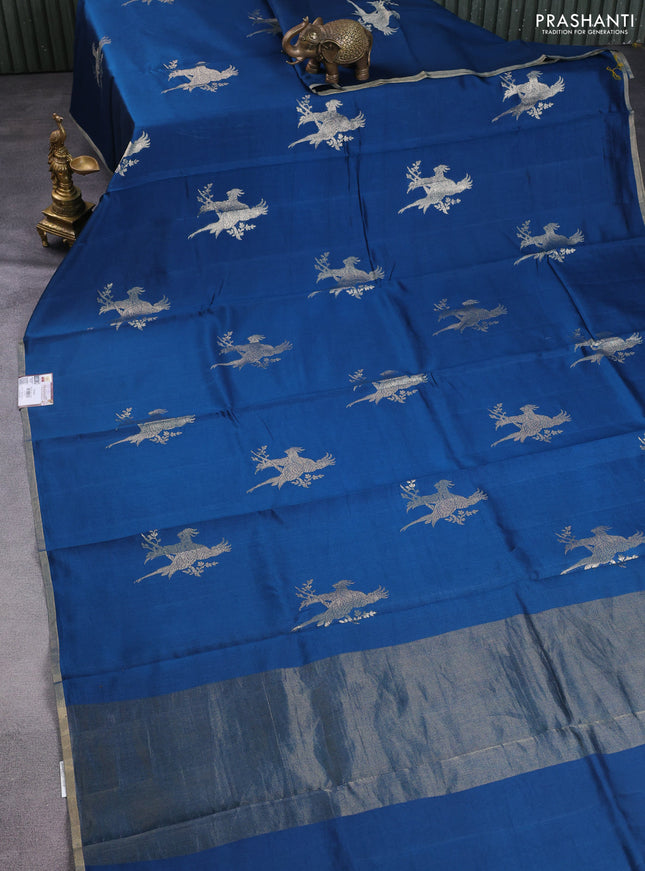 Chiniya silk saree peacock blue and green with parrot zari woven buttas and zari woven piping border