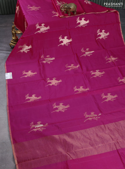 Chiniya silk saree pink and violet with parrot zari woven buttas and zari woven piping border