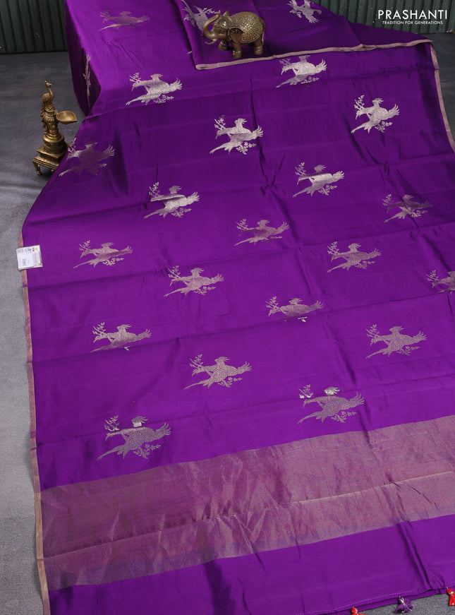 Chiniya silk saree violet and red with parrot zari woven buttas and zari woven piping border