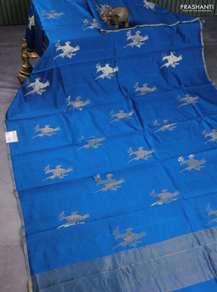 Chiniya silk saree peacock blue and green with parrot zari woven buttas and zari woven piping border