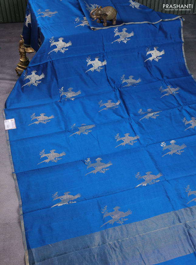 Chiniya silk saree peacock blue and green with parrot zari woven buttas and zari woven piping border