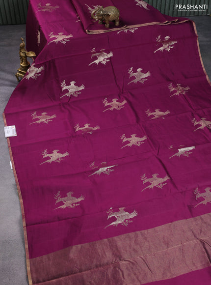Chiniya silk saree wine shade and green with parrot zari woven buttas and zari woven piping border