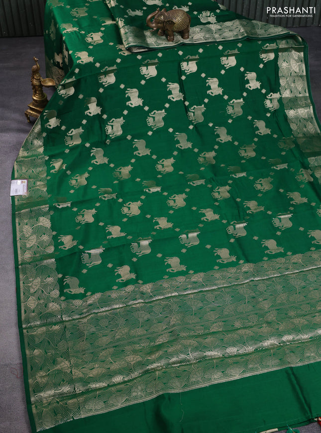 Chiniya silk saree green and red with zari woven buttas and zari woven border