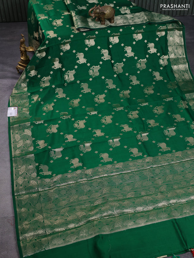 Chiniya silk saree green and red with zari woven buttas and zari woven border