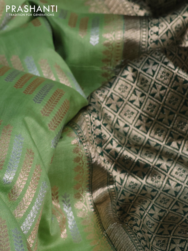 Chiniya silk saree light green and dark green with silver & gold zari weaves in borderless style
