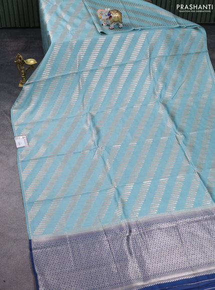 Chiniya silk saree light blue and peacock blue with silver & gold zari weaves in borderless style