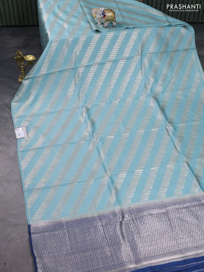 Chiniya silk saree light blue and peacock blue with silver & gold zari weaves in borderless style