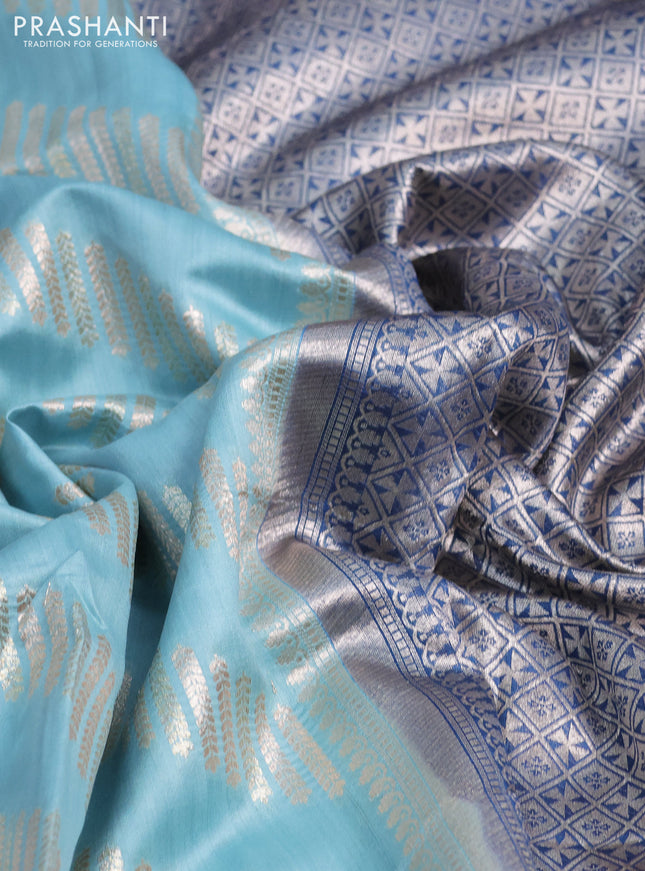 Chiniya silk saree light blue and peacock blue with silver & gold zari weaves in borderless style