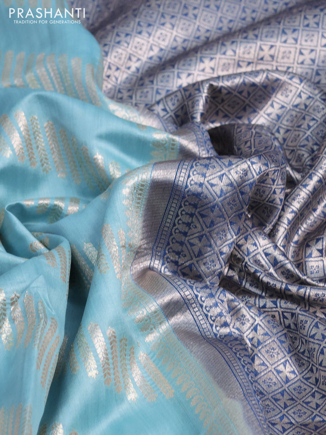 Chiniya silk saree light blue and peacock blue with silver & gold zari weaves in borderless style