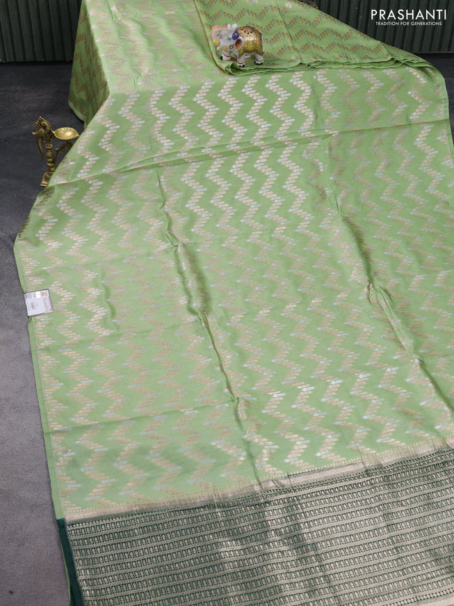 Chiniya silk saree pastel green and dark green with silver & gold zari weaves in borderless style