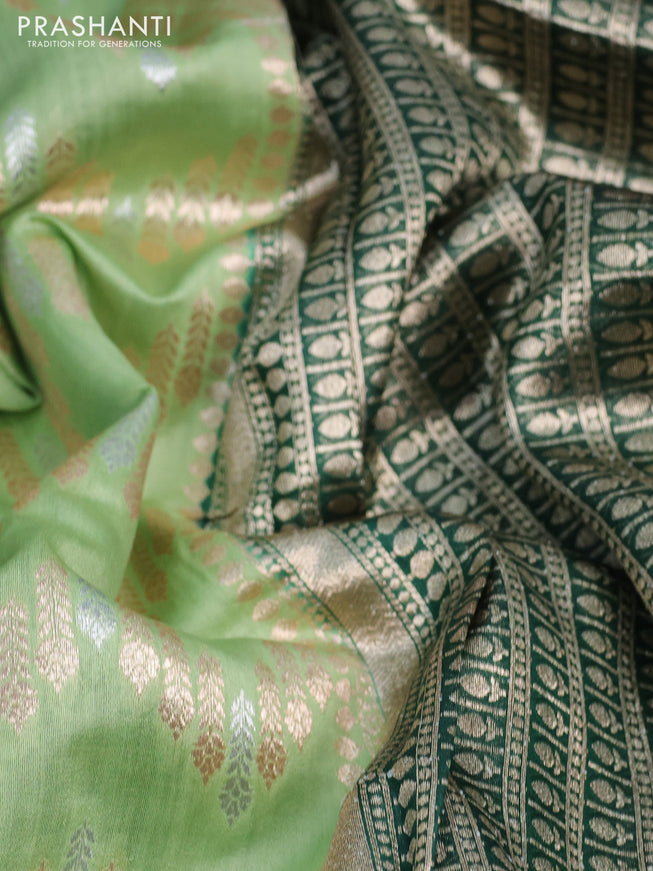 Chiniya silk saree pastel green and dark green with silver & gold zari weaves in borderless style