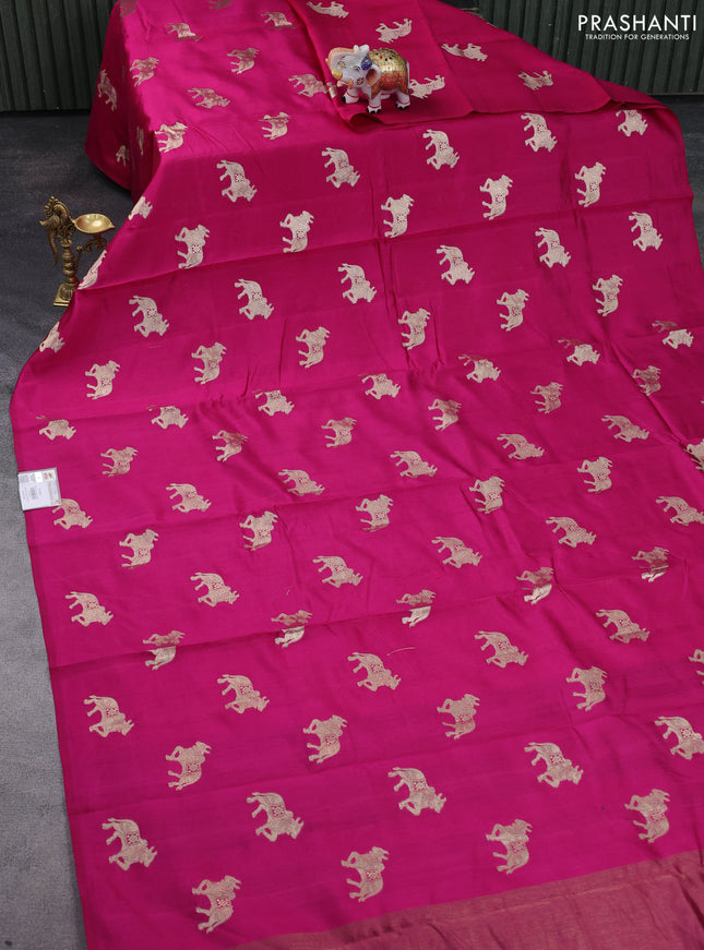 Chiniya silk saree pink and violet with pichwai zari woven buttas in borderless style