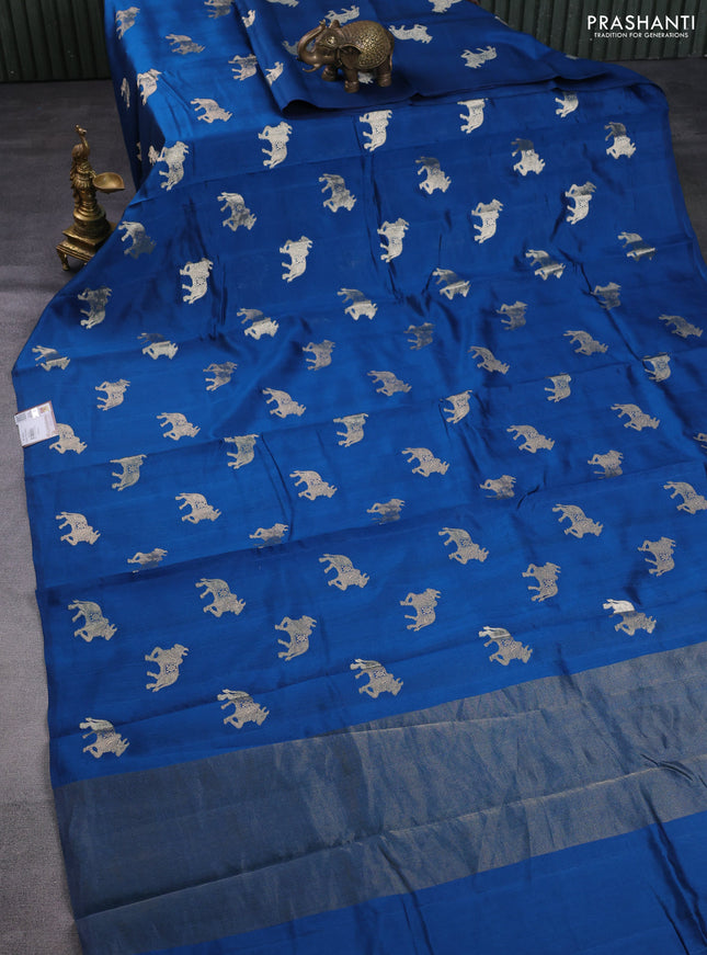 Chiniya silk saree peacock blue and green with pichwai zari woven buttas in borderless style
