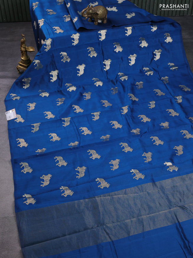Chiniya silk saree peacock blue and green with pichwai zari woven buttas in borderless style