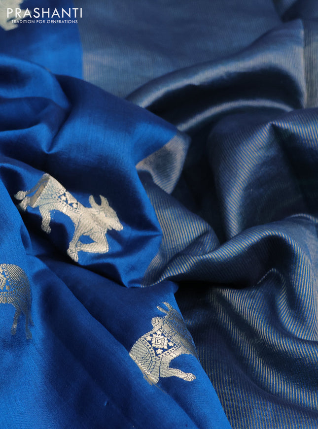 Chiniya silk saree peacock blue and green with pichwai zari woven buttas in borderless style