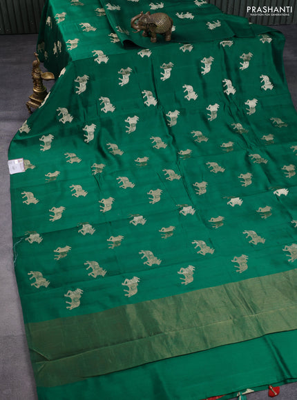 Chiniya silk saree green and red with pichwai zari woven buttas in borderless style