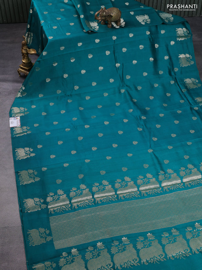 Chiniya silk saree teal green and purple with zari woven buttas and pichwai zari woven butta border
