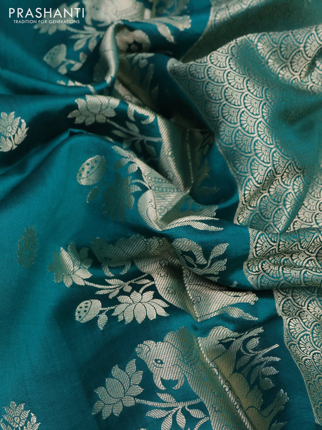 Chiniya silk saree teal green and purple with zari woven buttas and pichwai zari woven butta border