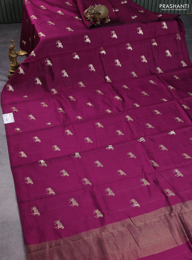 Chiniya silk saree wine shade and green with horse zari woven buttas in borderless style