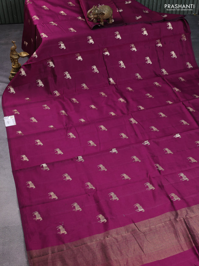 Chiniya silk saree wine shade and green with horse zari woven buttas in borderless style