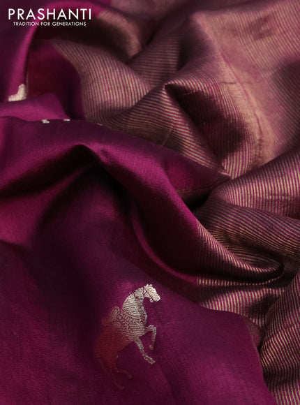 Chiniya silk saree wine shade and green with horse zari woven buttas in borderless style