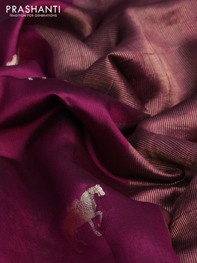 Chiniya silk saree wine shade and green with horse zari woven buttas in borderless style