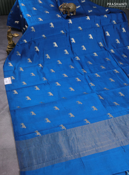 Chiniya silk saree peacock blue and green with horse zari woven buttas in borderless style