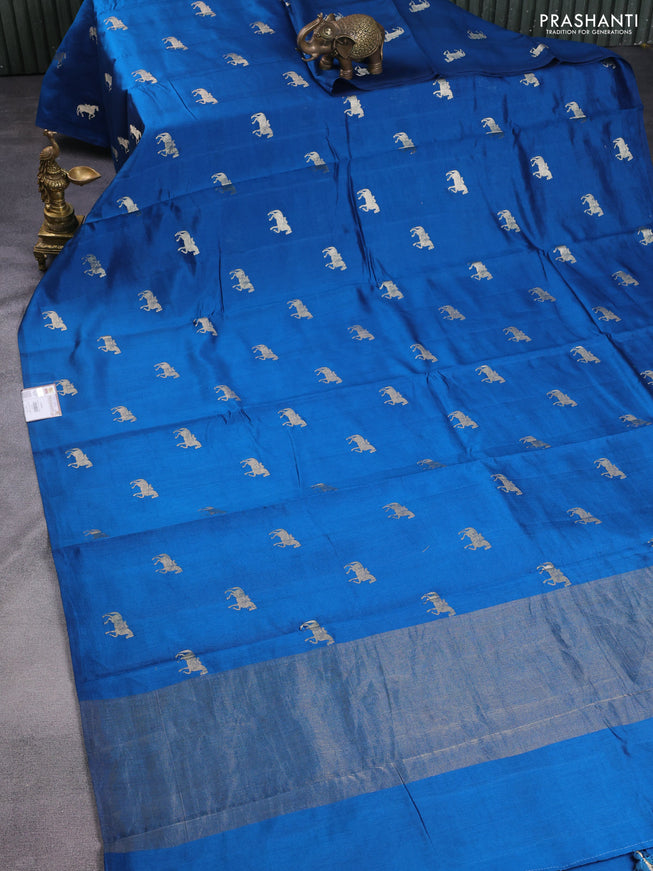 Chiniya silk saree peacock blue and green with horse zari woven buttas in borderless style